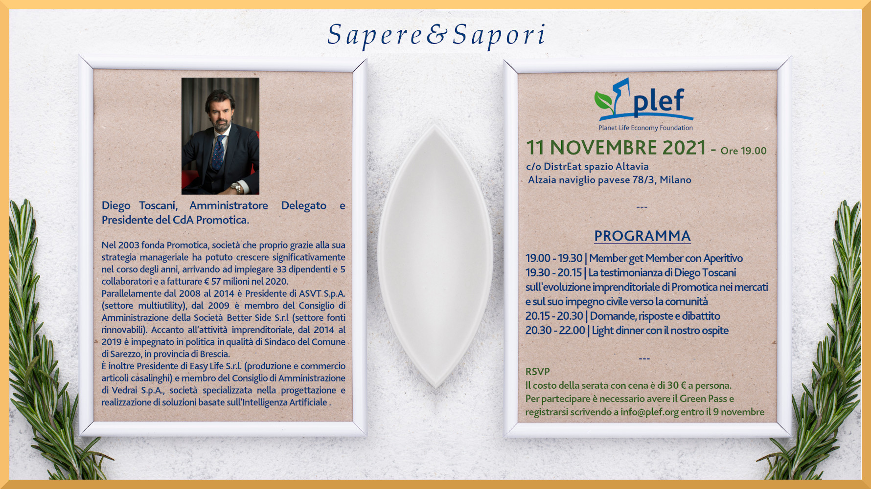 PLEF - Incontro "Sapere&Sapori" | Ospite Diego Toscani, Promotica